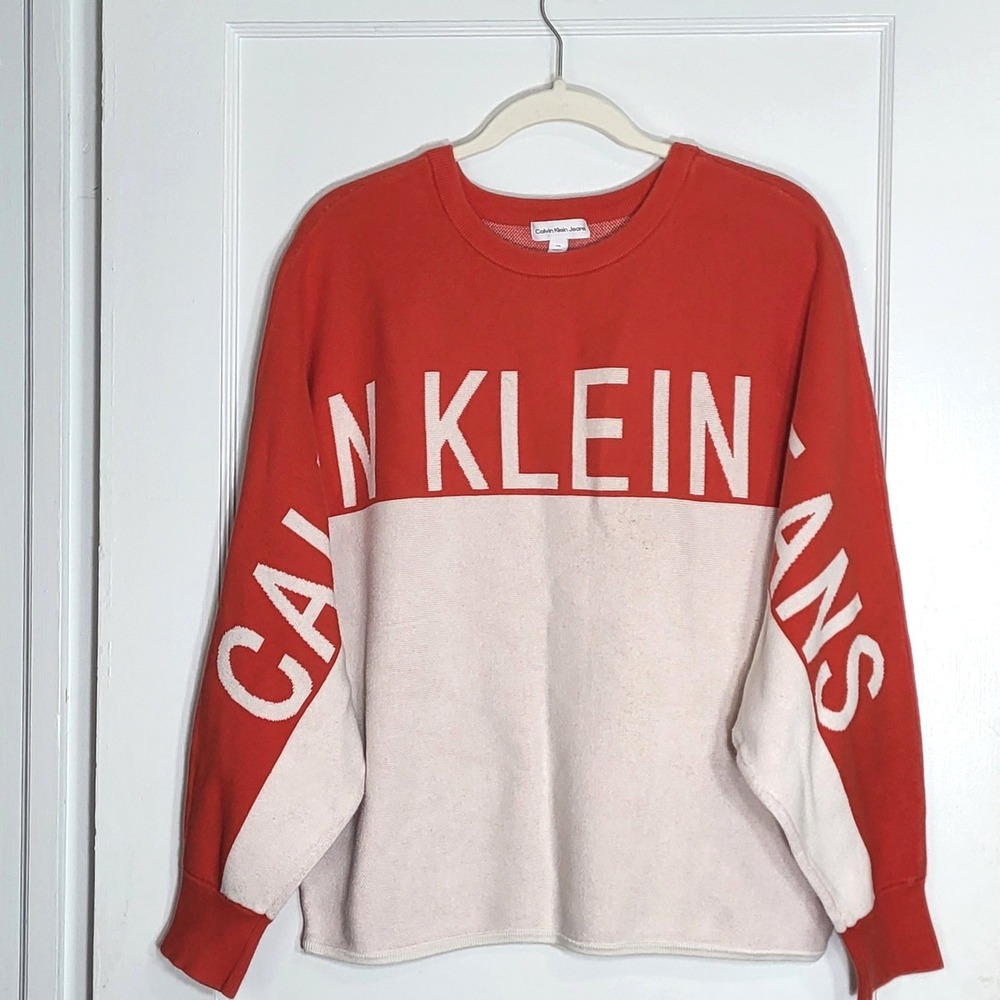 Calvin Klein Jeans Womens Logo Colorblock Knit Crewneck Sweater Red Cream Large